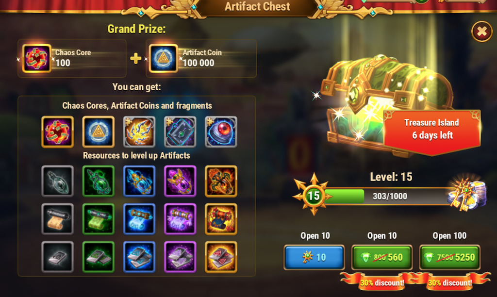 Hero Wars Artifact Chest: 30% off